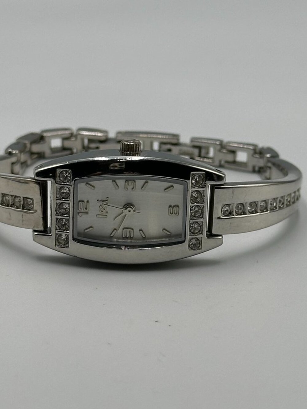 3/$30 L.E.I. Watch Women Silver Tone Barrel Case Rhinestone Accents 7" — image 5 of 8